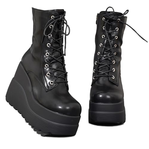 Gothic Combat Ankle Boots for Womem Lace Up Round Toe Platform Chunky Wedge Booties Side Zipper Punk Motorcycle Boots