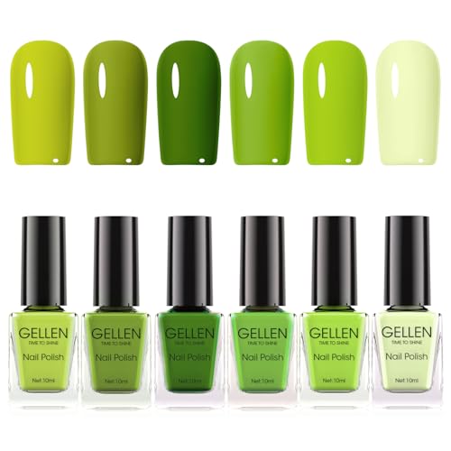 GELLEN Green Nail Polish Non Gel, Fast Air Drying Traditional Regular Green Nail Polish Spring Summer Full Size 6 Colors Lemon Olive Avocado Grass Mint Lime Set for Women Manicure St. Patrick's Day