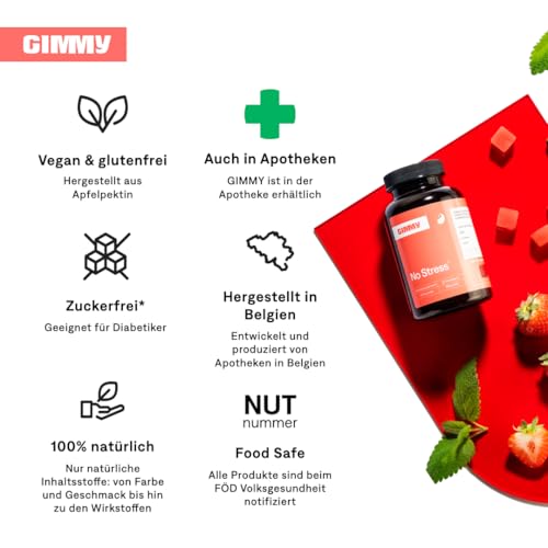 GIMMY No Stress Gummies – Nahrungsergänzungsmittel zur Stressreduktion mit Zitronenmelisse, L-Theanin, GABA und Folsäure (Vitamin B11). – Vegan, zuckerfrei und glutenfrei (60 Stück)