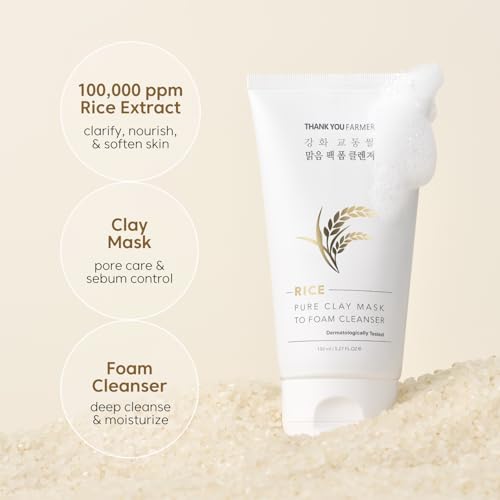 THANKYOU-FARMER-Rice-Pure-2-IN-1-Korean-Clay-Mask-to-Foam-Cleanser-527-floz-Removes-Excess-Oil-Removing-Dead-Skin-Cells-Soft-Skin-Pore-Purifying-Dermatologist-Tested-Korean-Face-Wash