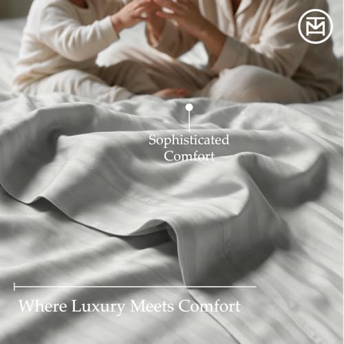 Image of Threadmill 600TC Cotton Full Sheet Set, Sateen, Damask Stripe, Light Grey