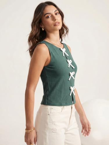 Image of Selvia Ribbed Bow Detail Sleeveless Crop Tops for Women Western