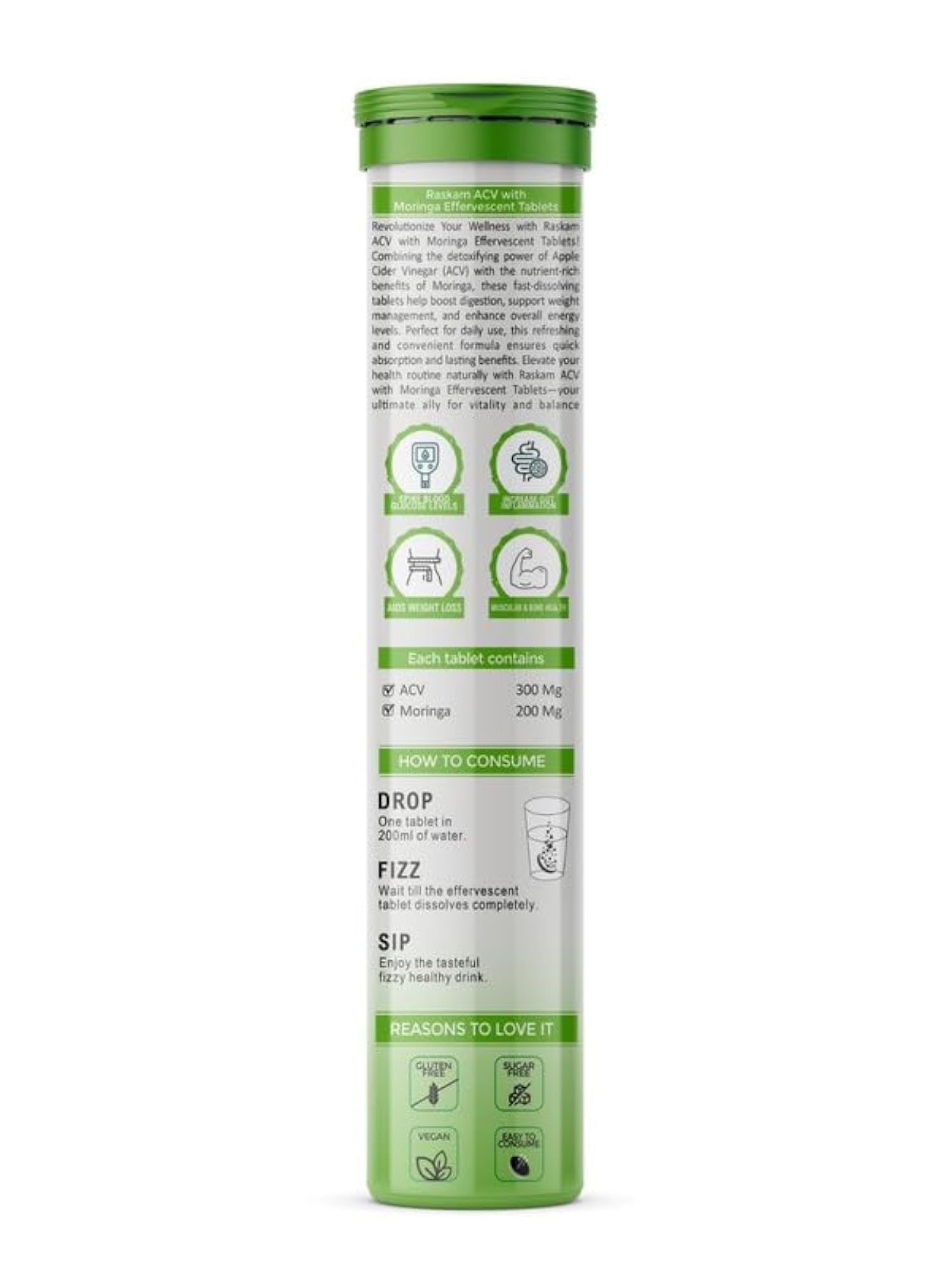 Raskam ACV Moringa Effervescent Tablets, Natural Energy & Immunity Booster