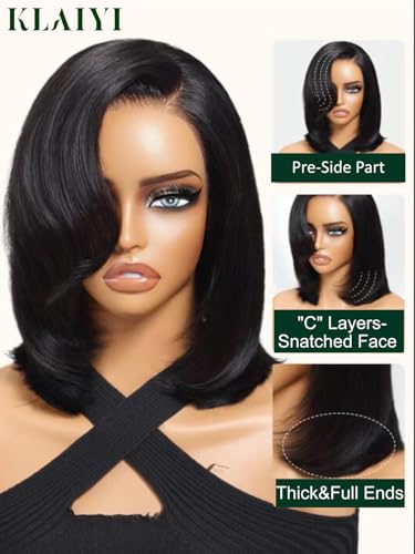 Image of KLAIYI Layered Bob Straight Bye Bye Knots Precut 7x5 Lace Front Wigs Human Hair Side Part Bang Blunt Cut Drawstring Glueless Wear and Go Wig Pre Plucked Bleached 30S Ready to Put On Go Wig 150% 12Inch