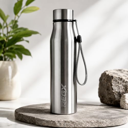 Image of REGX Stainless Steel Water Bottle 700 ml, Single Wall BPA Free Reusable Bottle for School Office Gym Travel, Leak Proof Metal Bottle with Lid, Silver, Food Grade Steel