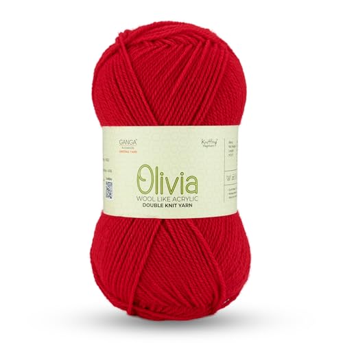 Image of Ganga Acrowools Acrylic Olivia, Double Knit Yarn. Hand Knitting and Crochet Yarn. Oekotex Class 1 Certified. Pack of 2 Balls - 100Gms Each.Shade No -OLV052 Bright Red