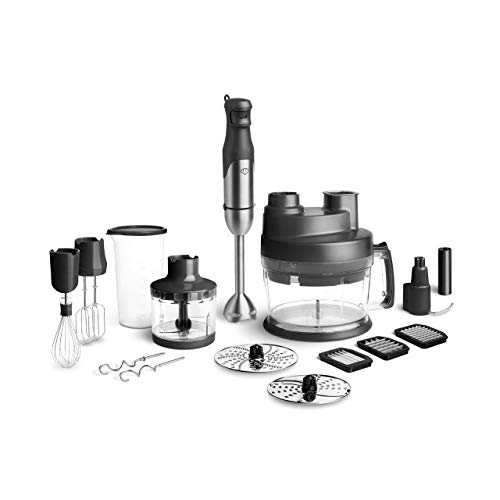 Edelstahl Stabmixer Set Sam 800W, Pürierstab-Aufsatz, Behälter mit Deckel, Zerkleinerer-Aufsatz mit Behälter, Schneebesen-Aufsatz, Rühr- & Knethaken,