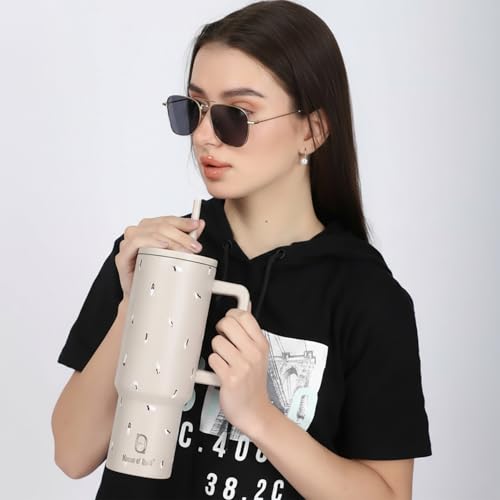 Image of House of Quirk 1200ML Stainless Steel Tumbler with Handle & Lid, 2 Straws - Large Travel Mug Water Cup for Gym, Office & Outdoor Use (Yoga)