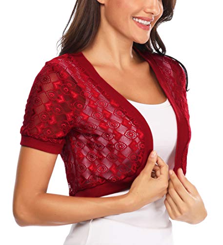Aranmei Womens Short Sleeve Floral lace Shrug Open Bolero Cardigan (Wine Red, X-Large)