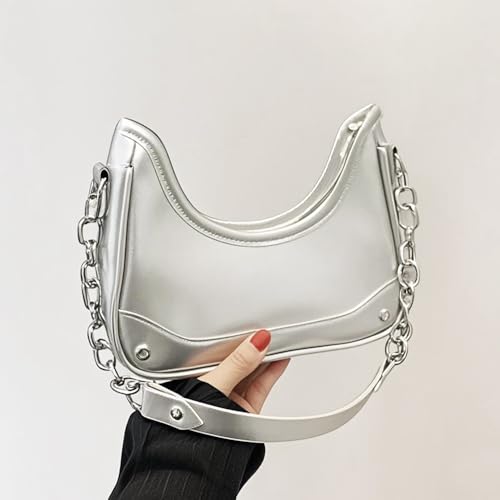 small hobo shoulder bag for women metallic handbag with chain strap crescent purse