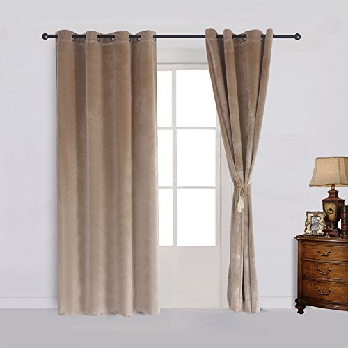 Cherry Home Super Soft Luxury Velvet Curtains Set Of 2 Sand Color Room Darkening Blackout Drapes Drapery Cream 52 Inch Wide By 108 Inch Length With Grommet Sand(2 Panels) With Tiebacks #TOP1