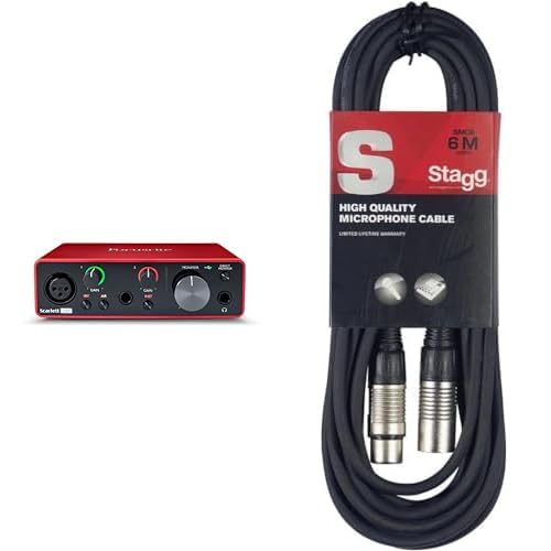 Interfaz de audio USB Scarlett Solo 3.ª gen. de Focusrite para guitarristas & Stagg Cable de micrófono a mezclador Stagg SMC6 XLR (m) -XLR (f) de 6 metros de largo, negro