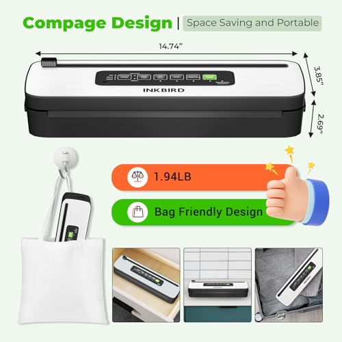 INKBIRD 110W Vacuum Sealer Machine, High Power with Liquid/Moist/Dry 6-Food Modes, Compact Food Preservation System with Cutter, Full Start Kit with Pre-cut Bags*10 (8''*11.8''), EXT-VAC