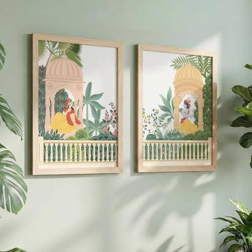Image of NoWorries Set of 2 Large Traditional Rajasthani & Madhubani Art Wall Frames | Multicolor Laminated 300 GSM Pigment Digital Prints with Synthetic Wood Frames | Perfect Home, Living Room, Dining Room, Bedroom & Cafe Wall Decor | Framed Posters Set for Authentic Traditional Ambiance