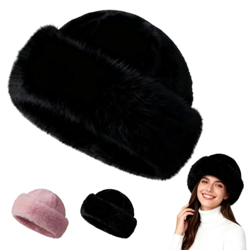Womens Winter Faux Fur Bucket Hat, Faux Fur Bucket Hat, Warm Thickened Fisherman Cap for Women Girls (Black)