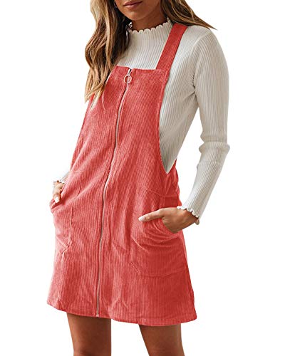 Ofenbuy Womens A Line Corduroy Overall Dress Zip Up Straps Casual Classic Suspender Skirt Mini Dresses with Pockets Pink