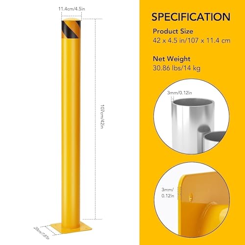 6 Pcs Safety Bollard,42 Inch High Heavy-Duty Yellow Safety Bollard Steel Posts,4.5 Inch Diameter,Safety Bollard with 16 Anchor Bolts - Ideal for Traffic Control, Driveway Barriers,Parking Poles
