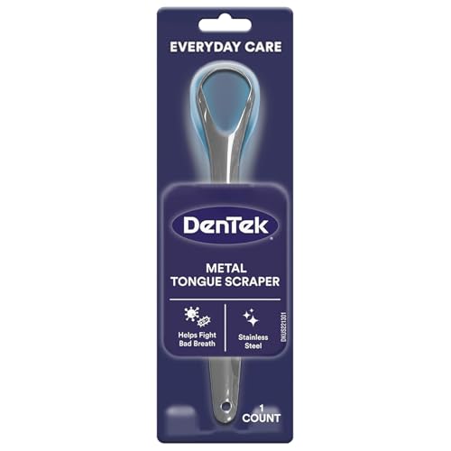 Image of DenTek Metal Tongue Scraper for Better Oral Health - Removes Bacteria, Fights Bad Breath - 100% Stainless Steel, Dishwasher-Safe - Slim Design, Works Gently