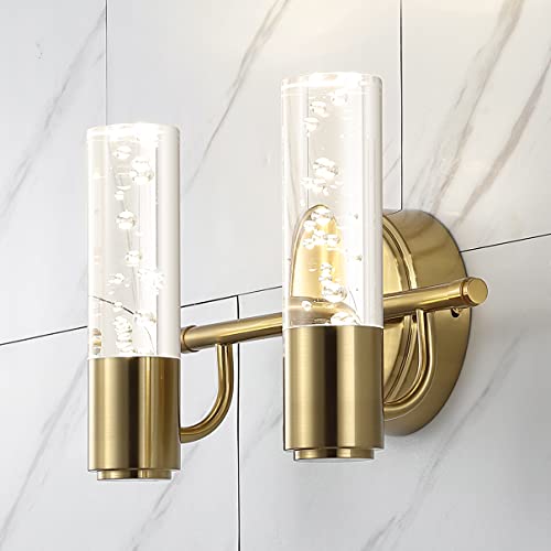 Image of JONATHAN Y 10.75 inch Brass Gold Modern Integrated LED Vanity Light Wall Sconce for Bathroom, Clear Bubble Acrylic Shade Minimalist Art Deco Light for Hallway, Entryway, 4000K (JYL7223B)