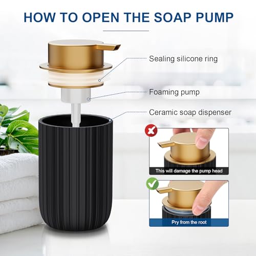 Image of Ceramic Foaming Soap Dispenser, 12 oz Bathroom Foam Hand Soap Dispenser, Refillable Lotion Soap Dispenser with Removable Pump for Kitchen Hand Wash Dispenser, Modern Home Decor (Black)