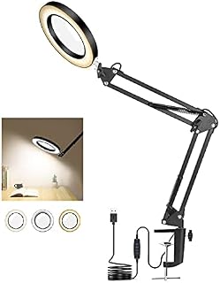 Magnifying Lamp Toolour LED Desk Lamps, Clamp on Lamp, 5X Magnification, Reading Lamp with Clamp, Metal Swing Arm Magnifier for Reading, Office, Rework Crafts
