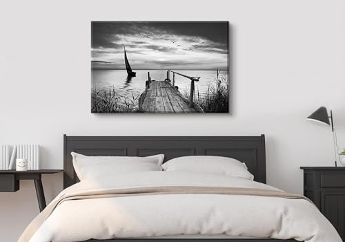 Image of Black and White Nature Wall Art Beach Landscape Pictures Wall Decor for Living Room Coastal Poster Canvas Prints Vintage Sailboat Scenery Paintings Seascape Artwork Home Office Decorations 32x48 inch