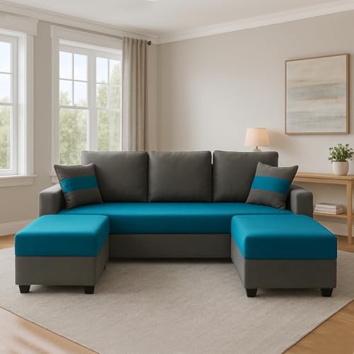 FURNY Aura 3 Seater Modular Fabric Sofa Set with 2 Ottomans (Aqua Blue-Dark Grey) | 5-Person Seating with Premium Velvet Finish | Ideal for Living Room