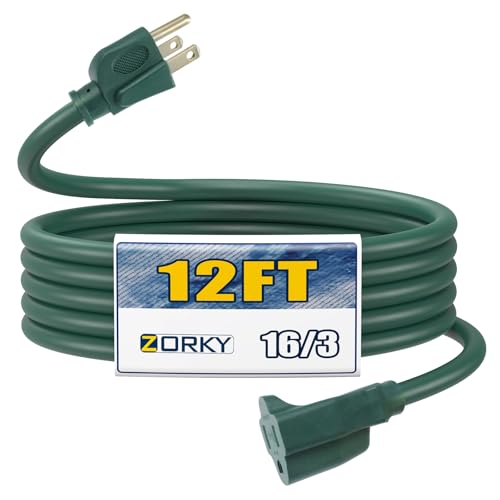 Image of 12ft Outdoor Extension Cord for Christmas Decorations- 16 /3 Heavy Duty SJTW Waterproof Green Electrical Cable with 3 Prong Grounded Plug for Safety, Great for Lawn and Major Appliances