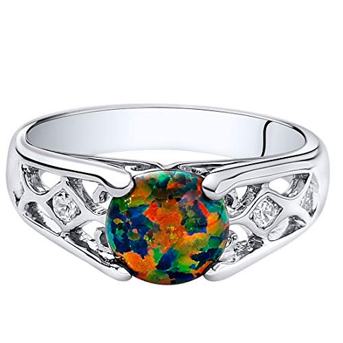 PEORA Created Black Fire Opal Ring for Women 925 Sterling Silver, Venetian Vintage Design, 1 Carat Round Shape 7mm, Sizes 5 to 92