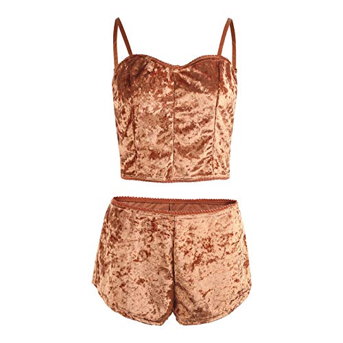 Image of RUEWEY Women Sexy Strappy Babydoll Lingerie Satin Pajama Set Camisole with Shorts 2 Piece Sleepwear