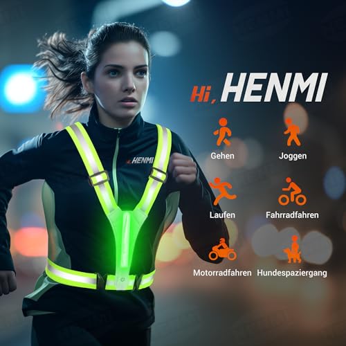 HENMI LED Warnweste Fahrrad,Reflektoren Laufweste,Verstellbarer Elastische LED Leuchtweste für Radfahren oder Wandern Joggen Laufen Running