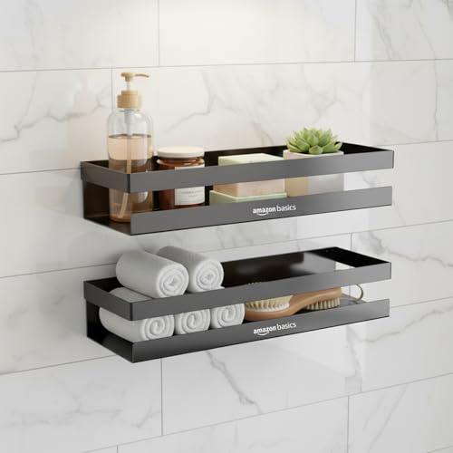 Image of Amazon Basics Wall Mounted Bath Rack- Drill Installation | Large Mild Steel Bathroom Shelf for Shampoo, Conditioner, Soap & Toiletries | Rust-Resistant, Durable & Easy to Clean Bathroom Organizer - 35 x 13.6 x 6.5 cm, Pack of 2, Black
