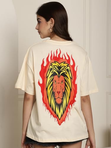 Image of Fabflee Oversized Cotton Baggy Drop Shoulder Graphic Tee with Half Sleeves | Korean Casual Loose T-Shirt for Women