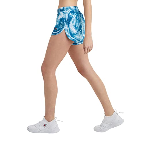 Champion Women's, Moisture-Wicking Varsity, Gym Shorts With Built-In Liner, 3.5", Crush Dye Print Fresh Teal, Large #TOP2