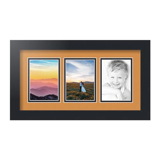 ArtToFrames Collage Picture Frame 3 Opening 3-3.5x5 Photo Frame | Made in USA | Black Frame Amber and Black Mats | Wall Mount Multi Photo Display 17.5X10 Full Size