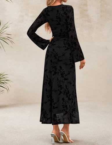 ZESICA Women's Long Sleeve Floral Bodycon Dress 2025 Fall Fashion Ruched Mesh Wedding Guest Cocktail Party Maxi Dresses4