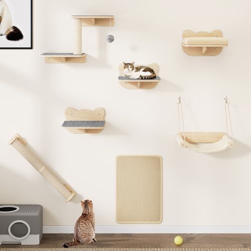 YITAHOME Katzenkletterwand-Set, Stabiler Holz Katzenmöbel, 7-Teilig Katzen Wandelemente mit Katzentreppe, Katzenkratzbäumen, Katzenkratzbrettern...