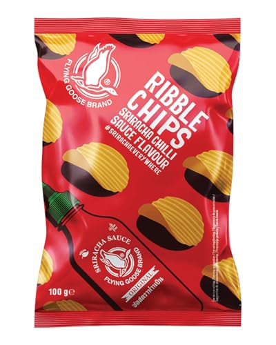 FLYING GOOSE Patatas fritas onduladas con sabor a Sriracha Chili, fritas en aceite de girasol, sabor picante – 12 x 100 g