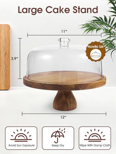 Acacia Wood Cake Stand with Lid, 12in Round Cake Holder, 2-in-1 Cake Plates with Acrylic Dome, Dessert Table Display Set for Party Birthday Kitchen Wedding - Image 4