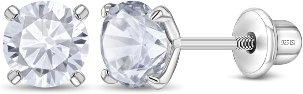 CZ Solitaire Kids Earrings - 925 Sterling Silver Hypoallergenic Earrings for Girls with Secure Screw Backs - Safe & Comfortable for Kids & Little Girls