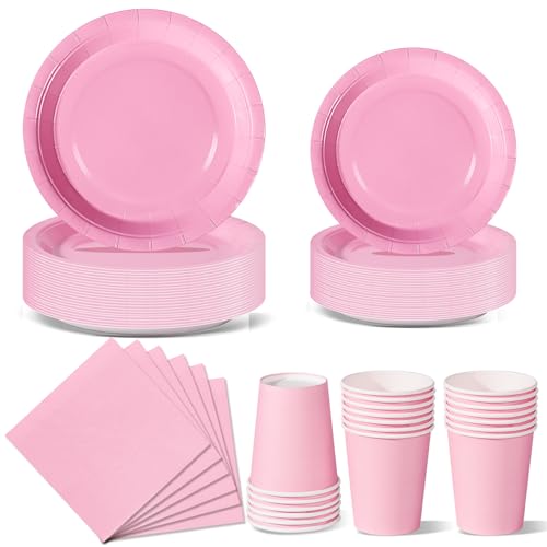 Nkaiso 96 Piezas Rosa Claro Vajilla Fiesta Cumpleaños, Platos y Vaso Cumpleaños Infantil, Set de Party Decoración Platos Desechable Servilletas para Navidad, Barbacoas, Fiestas -24 Invitado