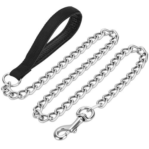 PETTOM Laisse Chien Chaîne 180cm, Laisse Acier Chien Anti Morsure en Fer Anti Mastication avec Poignée en PU Cuir, Grosseur Chaîne 0.2cm