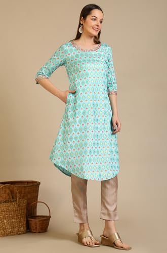 Image of Aurelia Women's Blue Floral Printed Shantung A-line Kurta