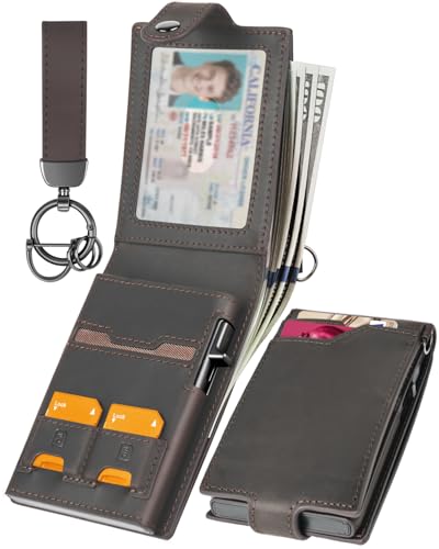 LIUGX Mens Wallet Set with Keychain, Slim Bifold Leather RFID Minimalist Wallet with Pop Up Card Holder, Holds 20 Cash Bills & 12 Cards, SD & Nano Sim Slots, Snap Closure, Crazy Horse Leather Brown