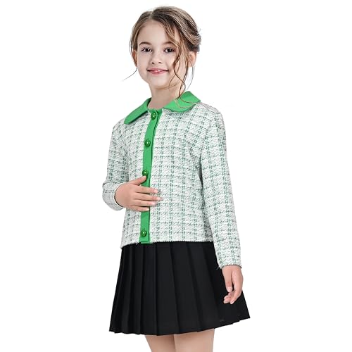 Image of Sunny Fashion Girls Outfit Set 2 Piece Green Plaid Knit Cardigan Pleated Skirt
