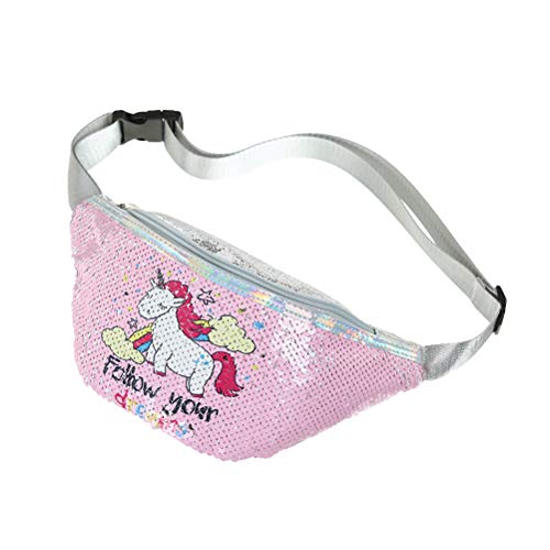 Bolso de Cintura de Lentejuelas de niña Riñonera Bolso de Pecho Bolso de Deporte de impresión de Unicornio Paquete de Cintura Bolsa para Escuela de Gimnasia - Rosa