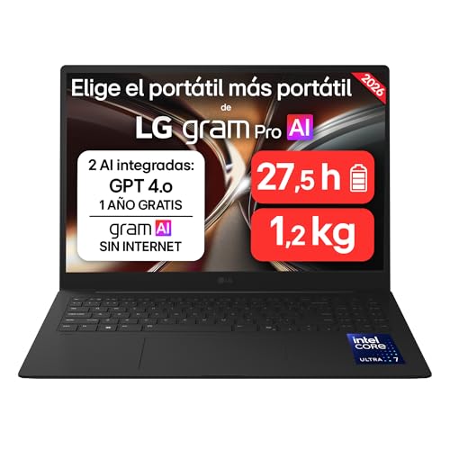 LG gram Pro 16ZD90U-G.AX85BN - Ordenador Portátil Ultraligero de 16' Intel Core Ultra 7 355, 3 GB RAM, 512 GB SSD, IPS Antirreflejo, 1239g, 27.5h, FreeOS, Teclado QWERTY Español, Negro