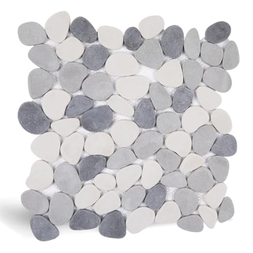 Diflart Pebble Tile for Shower Floor, Gray and White Oval Tu...
