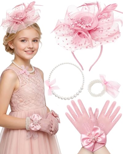Thstdhy Girls Tea Party Fascinators Hats for Kids Fascinator Tea Party Hat Headband with Gloves Accessories for Girls Pink