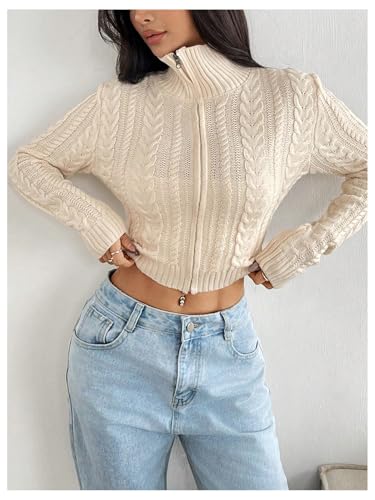 Image of MakeMeChic Women's Cropped Cable Knit Sweater Zip Cardigan Fall Clothes